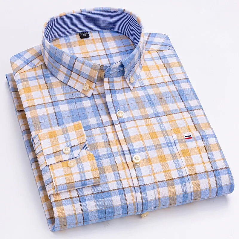 Premium Cotton Button-Down Oxford Shirt with Striped Collar Detail, Long Sleeves, and Classic Chest Pocket Design for Men.