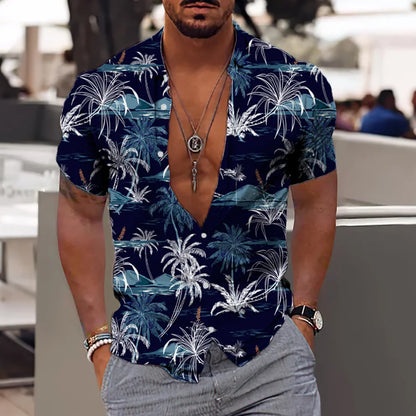 Men's Tropical Print Casual Short Sleeve Button-Down Shirt with Deep V-Neck Design