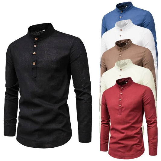 Men's Casual Long Sleeve Mandarin Collar Shirt with Wooden Button Detail, Available in Multiple Colors