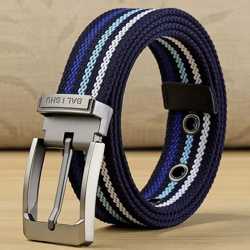 Men's Woven Canvas Belt with Durable Metal Buckle and Striped Design for Casual Wear