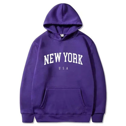 New York USA Graphic Hoodie with Kangaroo Pocket and Ribbed Cuffs for Urban Casual Style