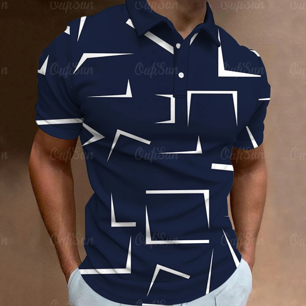 Men's Geometric Print Polo Shirt with Button Placket and Modern Design for Casual Wear