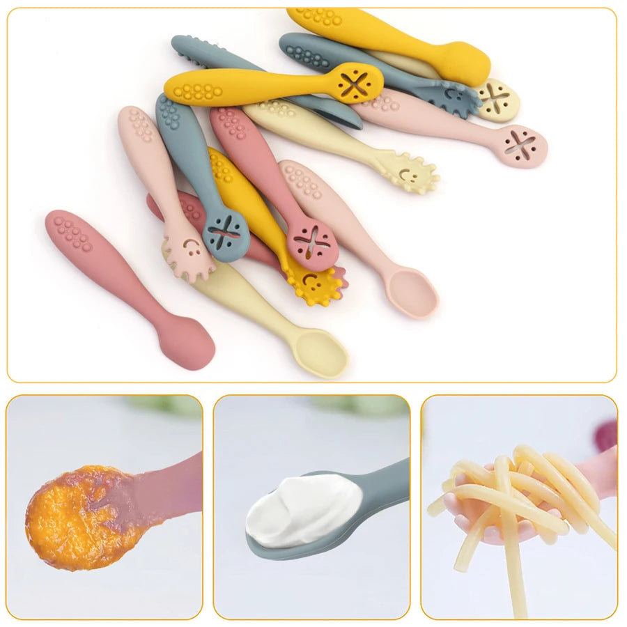 Soft Silicone Baby Spoons for Self-Feeding Training with Textured Handles and Fun Designs