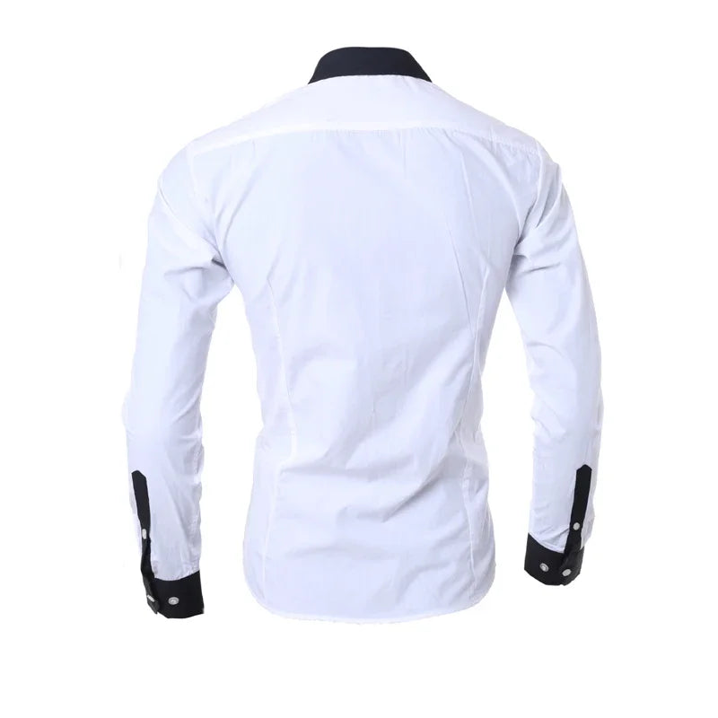 "Men's Slim-Fit Long-Sleeve Dress Shirt with Contrast Collar and Button Placket"