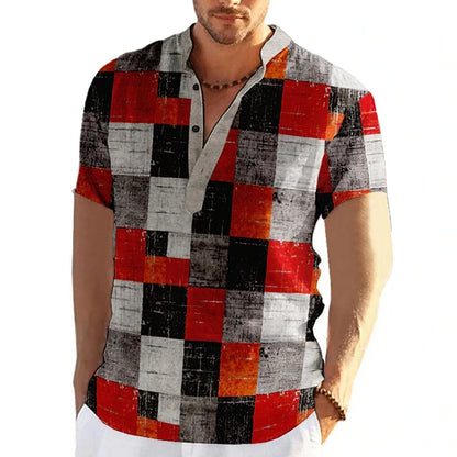 Men's short sleeve V-neck shirt with bold geometric patchwork design for a stylish and unique casual look