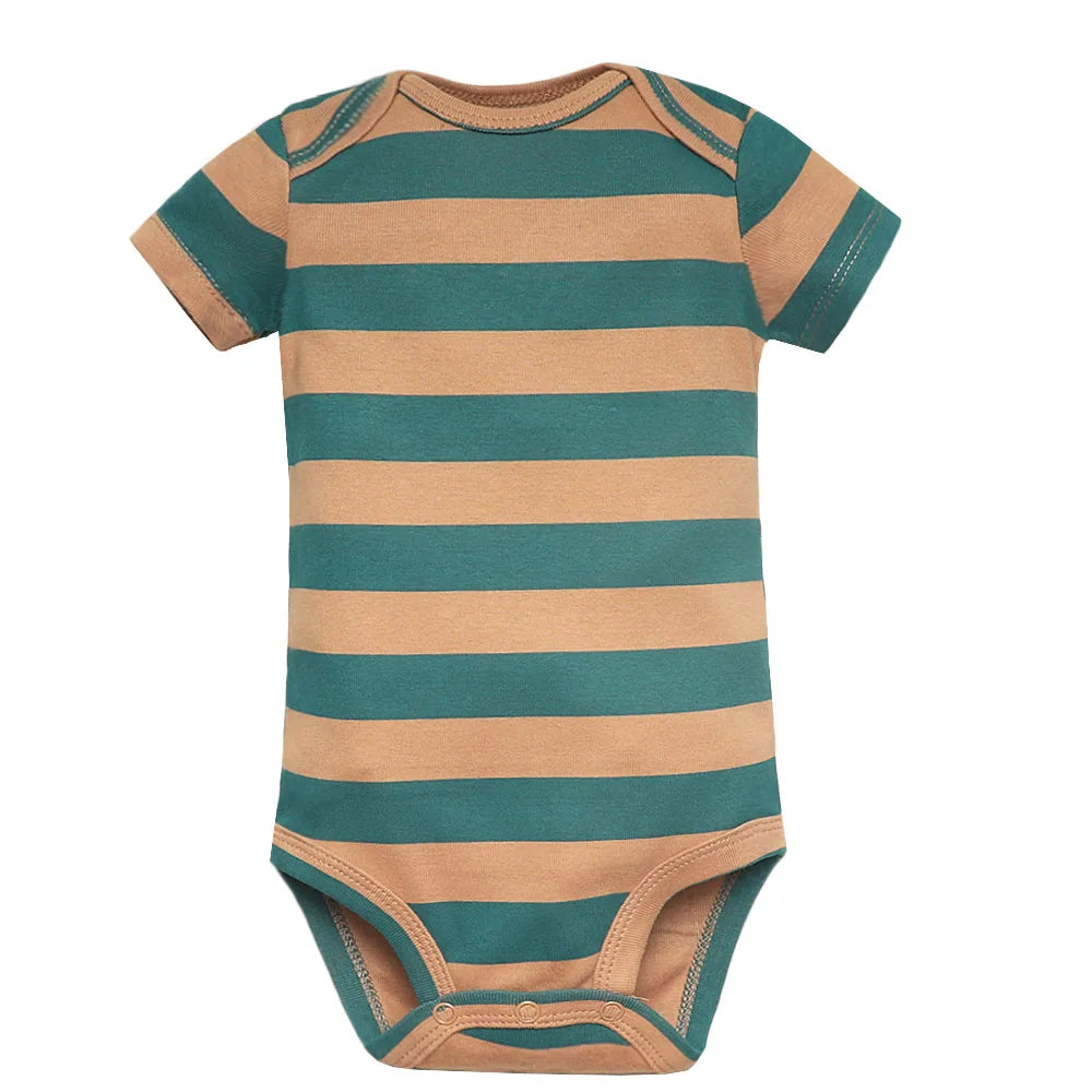 Baby Animal Print and Striped Short Sleeve Bodysuits – Soft Cotton Onesies for Infants, Pack of Five with Adorable Designs and Easy Snap Closure