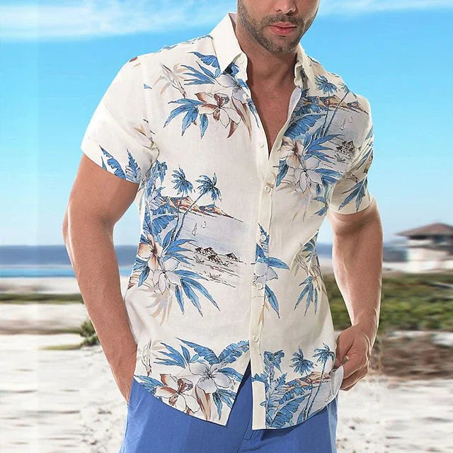 Men's Tropical Print Casual Short Sleeve Button-Down Shirt with Deep V-Neck Design