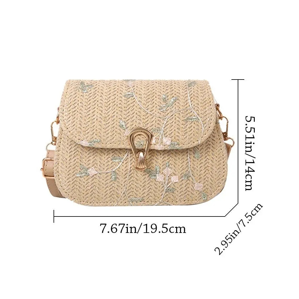 Elegant Woven Crossbody Bag with Floral Pattern and Gold Clasp Closure