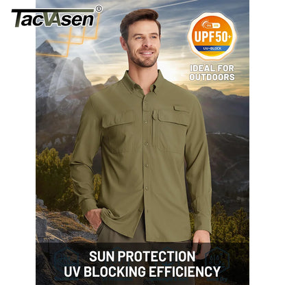 Men's tactical long sleeve shirt with multiple pockets, roll-up sleeves, and button-down design for outdoor and adventure wear