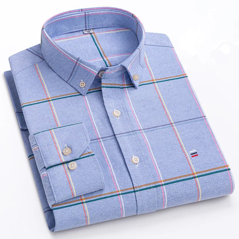 Premium Cotton Button-Down Oxford Shirt with Striped Collar Detail, Long Sleeves, and Classic Chest Pocket Design for Men.