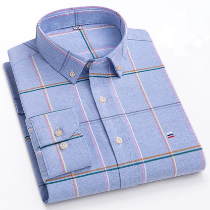 Premium Cotton Button-Down Oxford Shirt with Striped Collar Detail, Long Sleeves, and Classic Chest Pocket Design for Men.