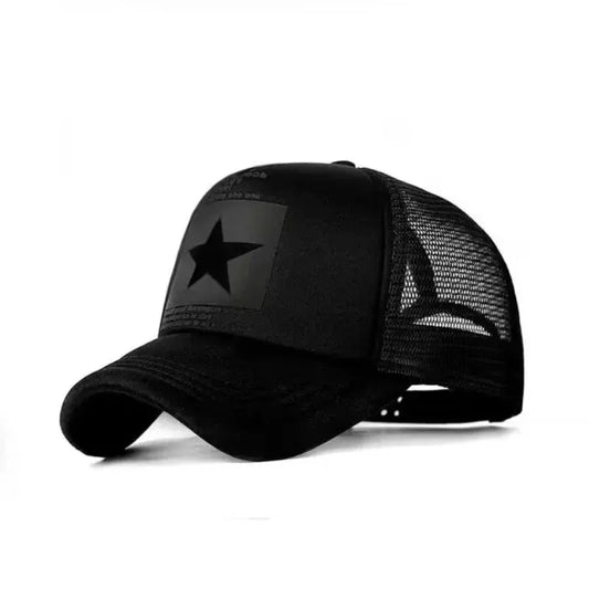 Star Patch Trucker Cap with Mesh Back and Adjustable Snapback Closure for Trendy Casual Wear