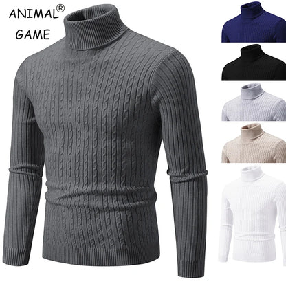 Men's Turtleneck Sweater with Cable Knit Pattern and Slim Fit Design, Featuring Ribbed Cuffs and Hem for a Stylish and Warm Casual Look