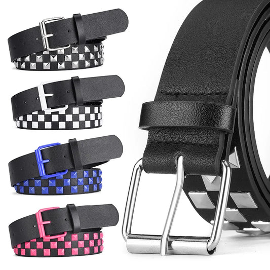 Studded Faux Leather Punk Rock Belt with Square Buckle Design for Men and Women