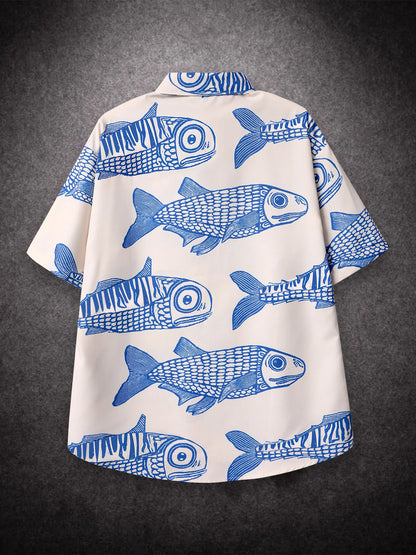 Tropical Fish Print Short-Sleeve Casual Shirt with Button-Down Collar for Men