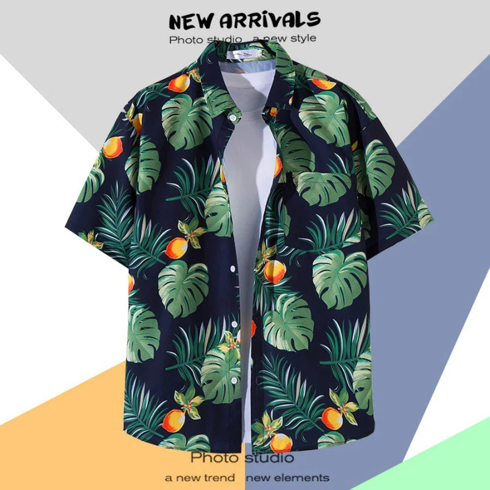 Men's Short-Sleeve Hawaiian Shirt Collection with Vibrant Floral and Tropical Prints, Ideal for Summer Casual Wear