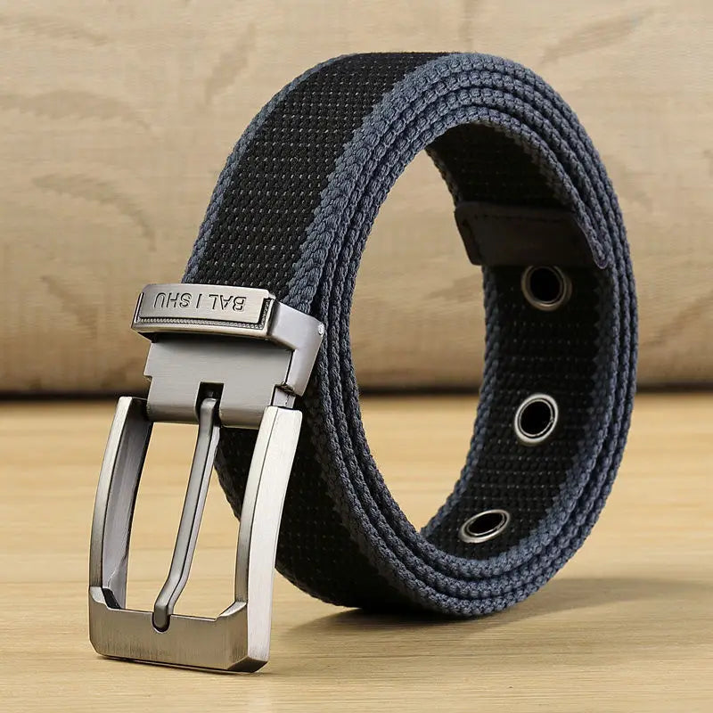 Men's Woven Canvas Belt with Durable Metal Buckle and Striped Design for Casual Wear