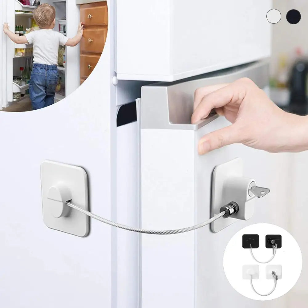 Versatile Child Safety Cabinet Lock with Steel Cable and Adhesive Anchors for Securing Appliances and Cabinets