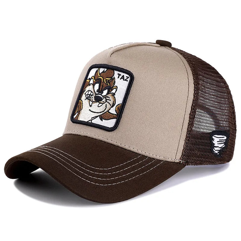 Cartoon Character Mesh-Back Trucker Hat with Adjustable Strap and Embroidered Patch Design