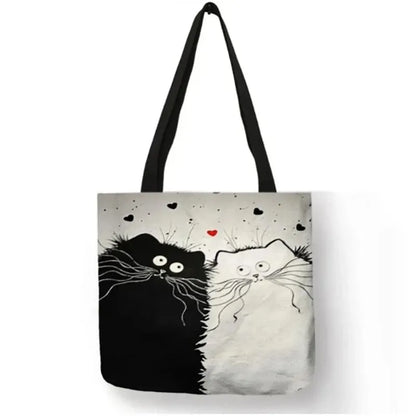 Canvas Tote Bag with Whimsical Cat Print and Heart Accent for Women