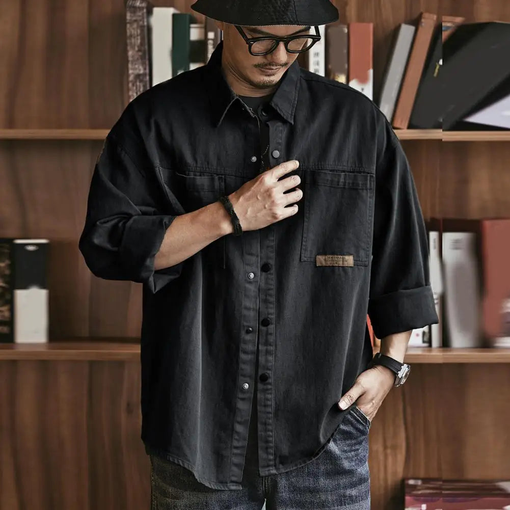 Casual Long-Sleeve Button-Up Shirt with Dual Chest Pockets and Turn-Down Collar