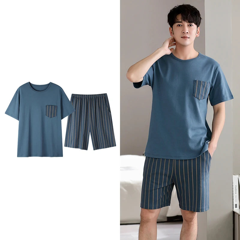 Men's Summer Plaid Pajama Set with Short Sleeve Top and Elastic Waist Shorts Featuring Chest Pocket and Comfortable Fit