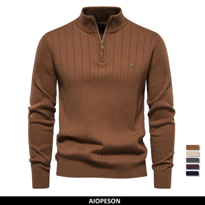 Men's Ribbed Half-Zip Sweater with Stand Collar and Long Sleeves, Crafted for Warmth and Style in a Classic Casual Design