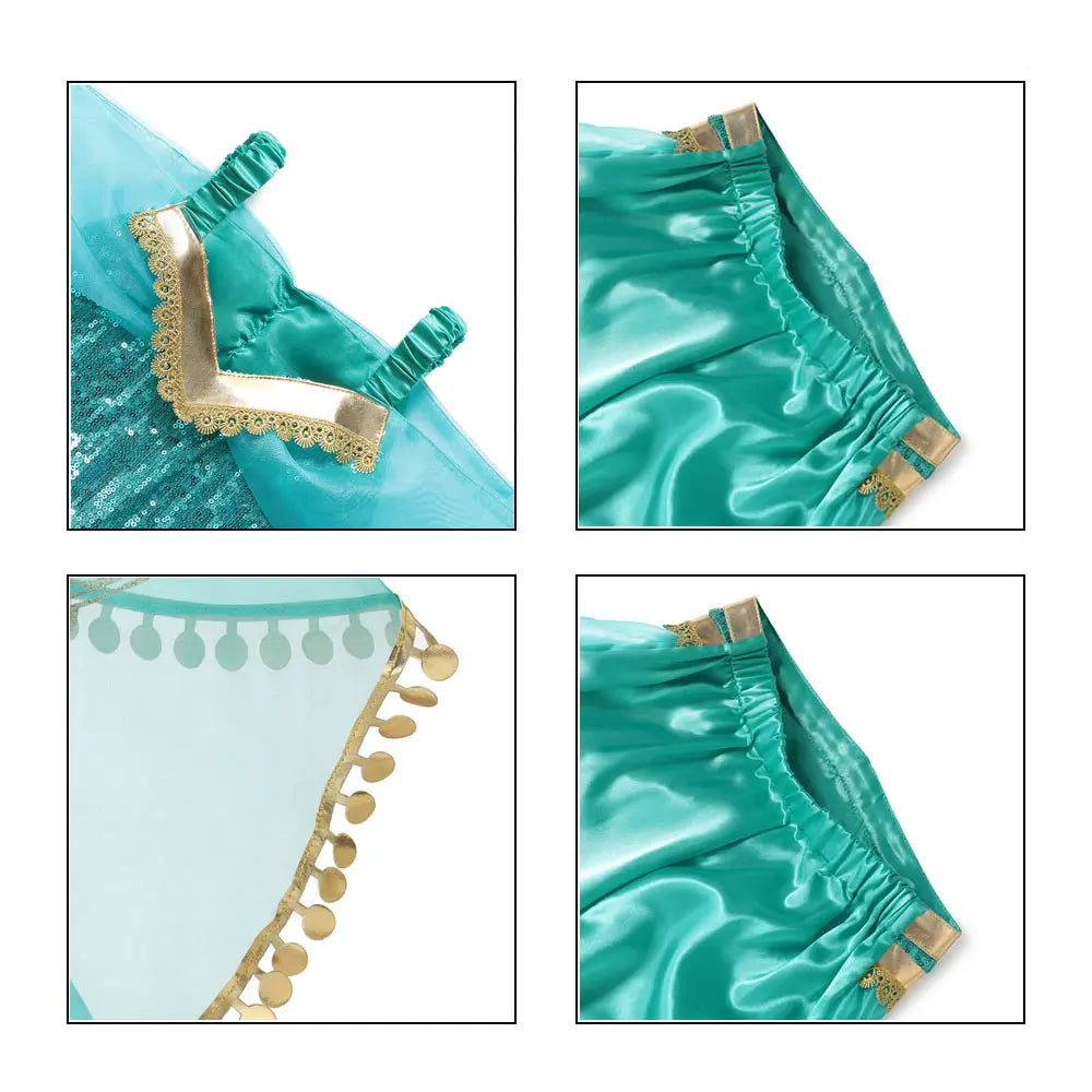 Princess Jasmine Costume Set with Accessories – Includes Tiara, Necklace, Wand, Wig, and Magic Lamp for Dress-Up Play