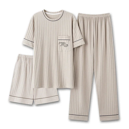 Men's Striped Short and Long Sleeve Pajama Set with Chest Pocket and Contrast Piping for Versatile Sleepwear Options