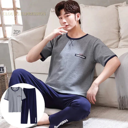 Men's Casual Short Sleeve T-Shirt with Chest Pocket Detail and Matching Plaid Lounge Pants Set for Relaxed Home Wear