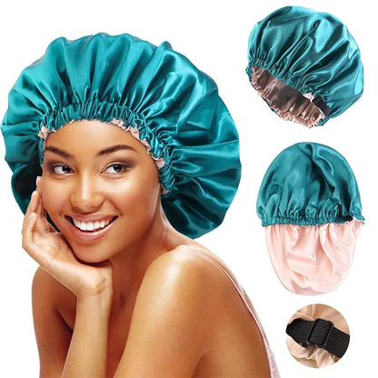 Adjustable Satin Sleep Cap with Elastic Band for Hair Protection and Moisture Retention.