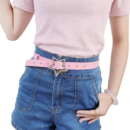 Y2K-Inspired Faux Leather Belt with Star-Shaped Rhinestone Buckle for Trendy and Edgy Outfits