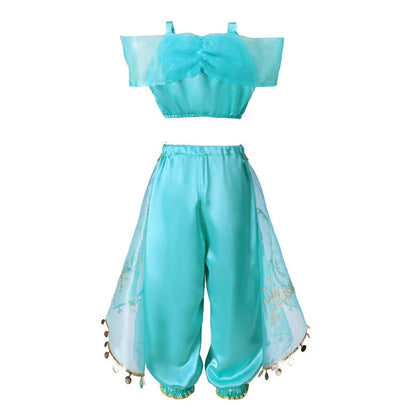 Princess Jasmine Costume Set with Accessories – Includes Tiara, Necklace, Wand, Wig, and Magic Lamp for Dress-Up Play