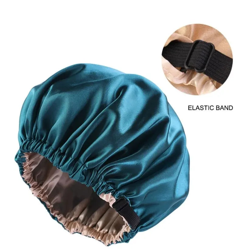 Adjustable Satin Sleep Cap with Elastic Band for Hair Protection and Moisture Retention.