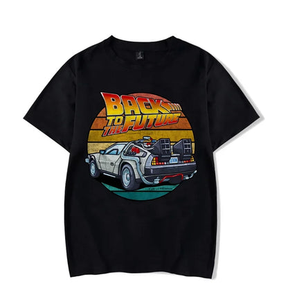 Men's Short Sleeve Retro Graphic T-Shirt Featuring Iconic Car Design and Nostalgic "Back to the Future" Theme