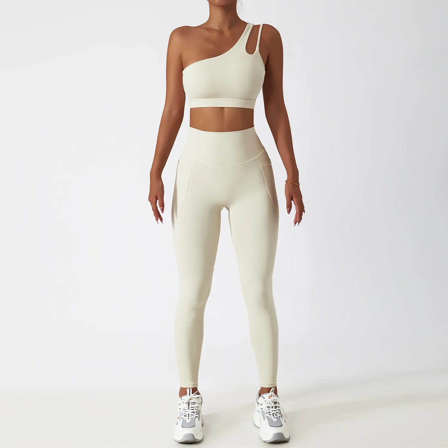 One-Shoulder Yoga Set for Women with High-Waist Leggings and Cutout Sports Bra