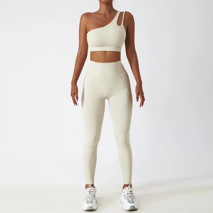 One-Shoulder Yoga Set for Women with High-Waist Leggings and Cutout Sports Bra