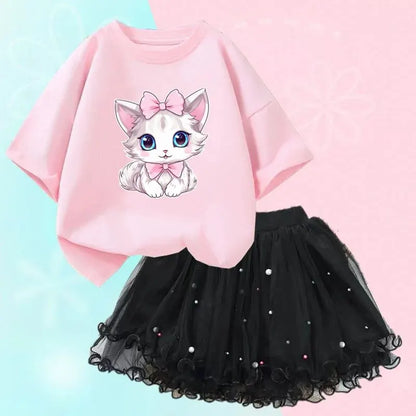 Adorable Kitten Print Top and Sparkly Tulle Skirt Set for Girls – Perfect for Parties and Special Occasions