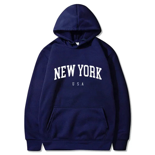 New York USA Graphic Hoodie with Kangaroo Pocket and Ribbed Cuffs for Urban Casual Style