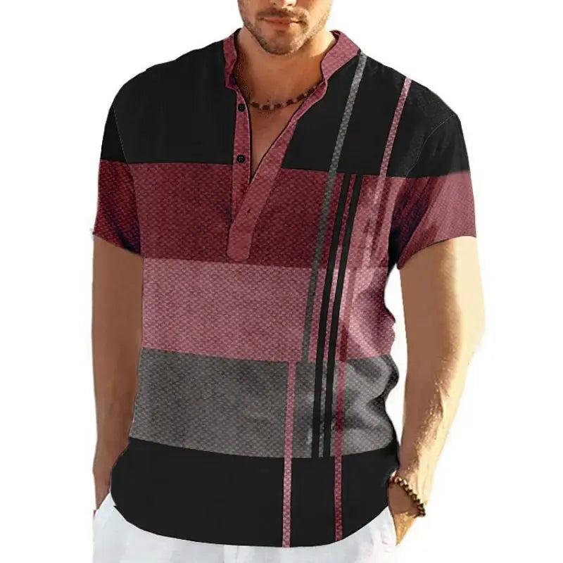 Men's short sleeve V-neck shirt with bold geometric patchwork design for a stylish and unique casual look