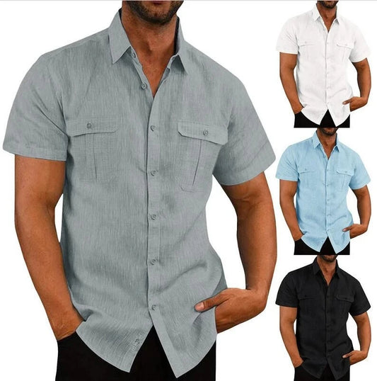 Men's Short Sleeve Linen Blend Button-Up Shirt with Dual Chest Pockets and Turn-Down Collar for Casual and Formal Wear