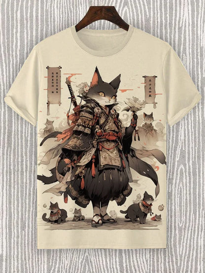 Men's Short Sleeve T-Shirt with Samurai Panda Graphic and Detailed Autumn Background Design