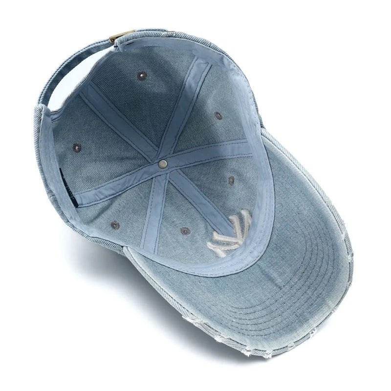 Distressed Denim Baseball Cap with Embroidered Initials and Adjustable Strap for Trendy Casual Wear