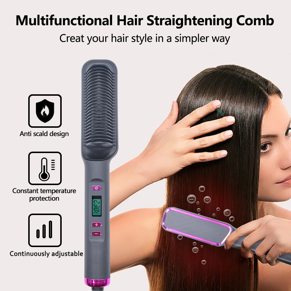 Ionic Hair Straightening Brush with Digital Temperature Control and Anti-Scald Design for Smooth, Frizz-Free Styling