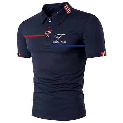 Men's Slim Fit Polo Shirt with Striped Collar and Cuffs, Button Placket, and Embroidered Logo Design