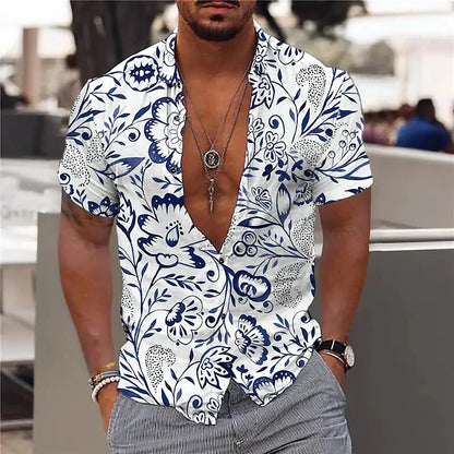 "Men's Tropical Print Short Sleeve Casual Button-Up Shirt with Relaxed Fit"