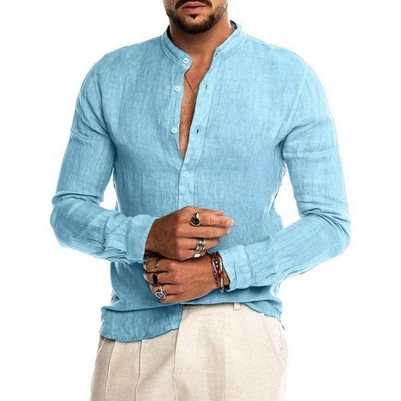 "Men's Long-Sleeve Linen Shirt with Stand Collar and Casual Button-Up Design"