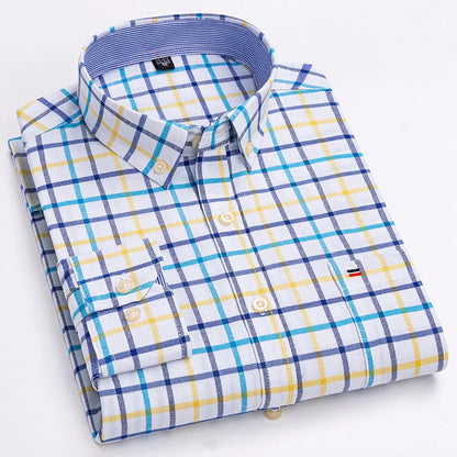 Premium Cotton Button-Down Oxford Shirt with Striped Collar Detail, Long Sleeves, and Classic Chest Pocket Design for Men.