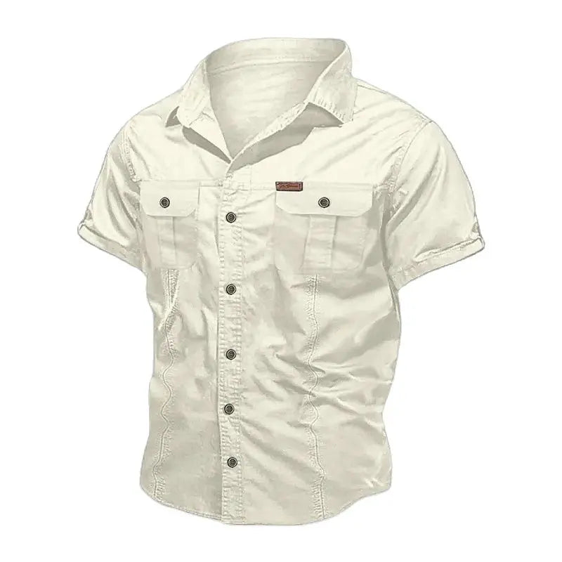 Men's Short-Sleeve Button-Up Shirt with Double Chest Pockets and Lightweight Design, Perfect for Casual Summer and Outdoor Activities