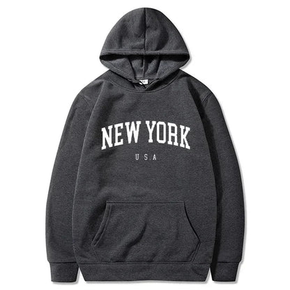 New York USA Graphic Hoodie with Kangaroo Pocket and Ribbed Cuffs for Urban Casual Style